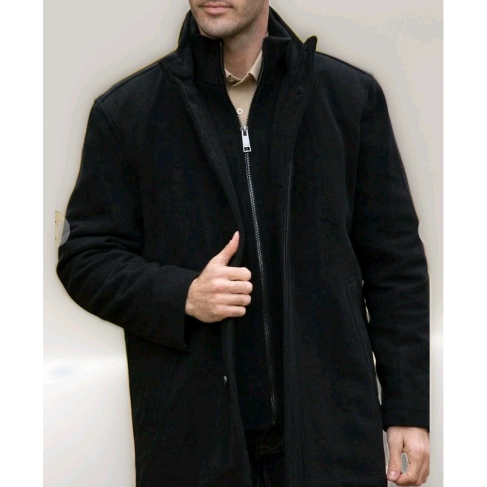 Marc Martin Black Wool Cashmere Coat Sz 46 Button Zip Bib Notch Collar Pockets